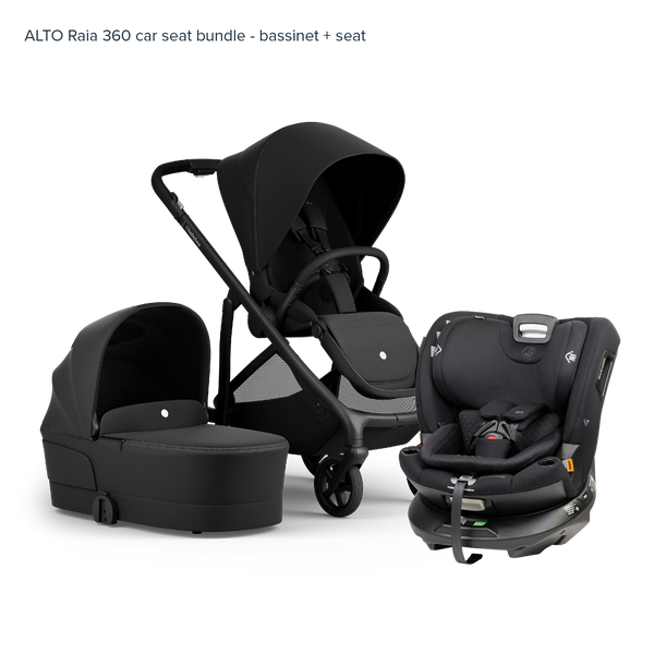 Alto Premium Single Pram - Black Noir - Raia 360 Car Seat Bundle Bassinet & Seat