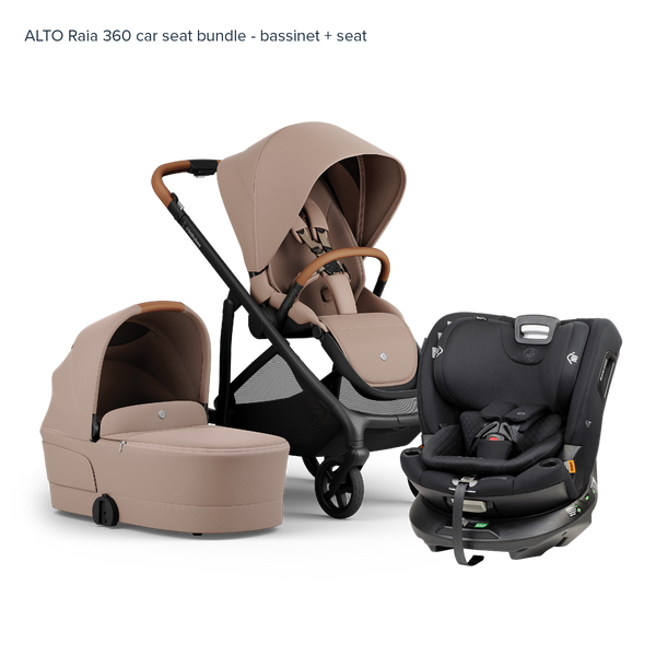 Alto Premium Single Pram - Mocha - Raia 360 Car Seat Bundle Bassinet + Seat