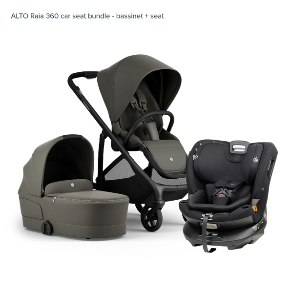 Alto Premium Single Pram - Olive - Raia 360 Car Seat Bundle Bassinet + Seat