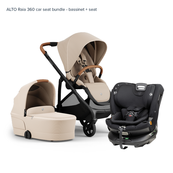 Alto Premium Single Pram - Sandstone - Raia 360 Car Seat Bundle Bassinet + Seat