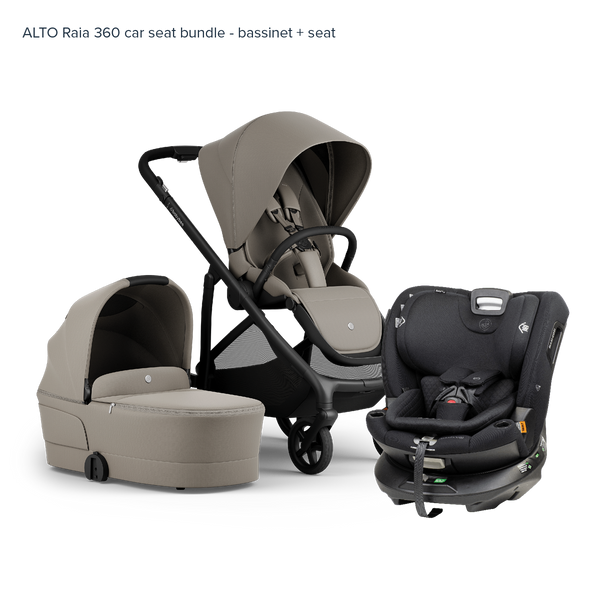 Alto Premium Single Pram - Taupe - Raia 360 Car Seat Bundle Bassinet + Seat