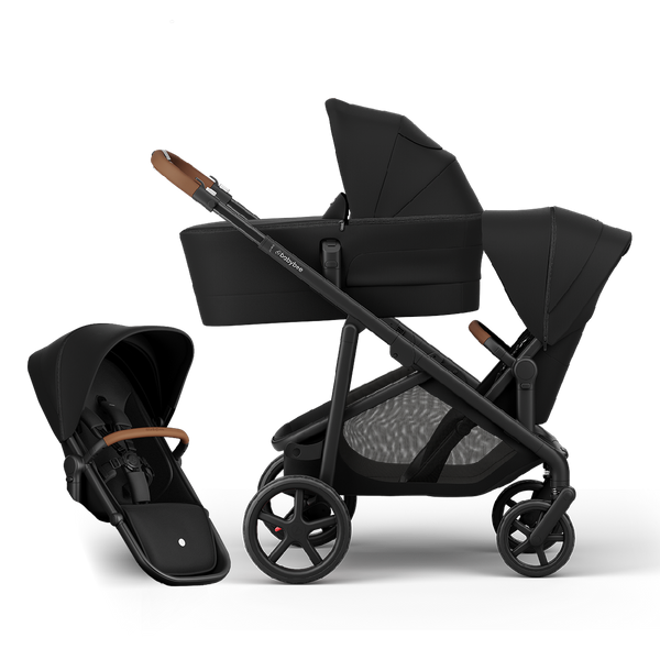 Juno Premium Single to Double Pram - Black Tan - Bassinet + Two Seat Set