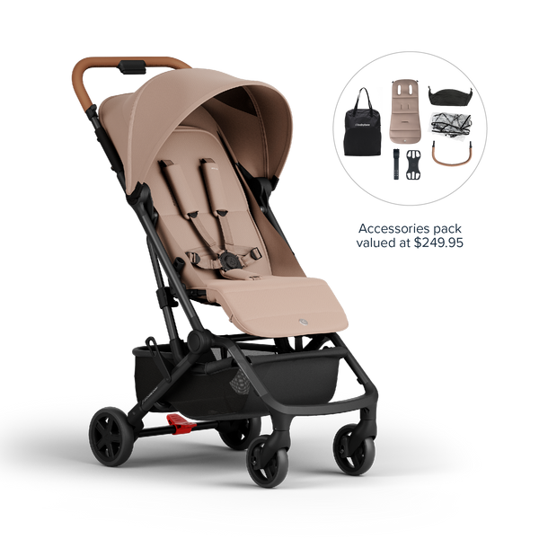Miles2 Ultra Compact Travel Stroller - Mocha - Stroller with Accessories Pack