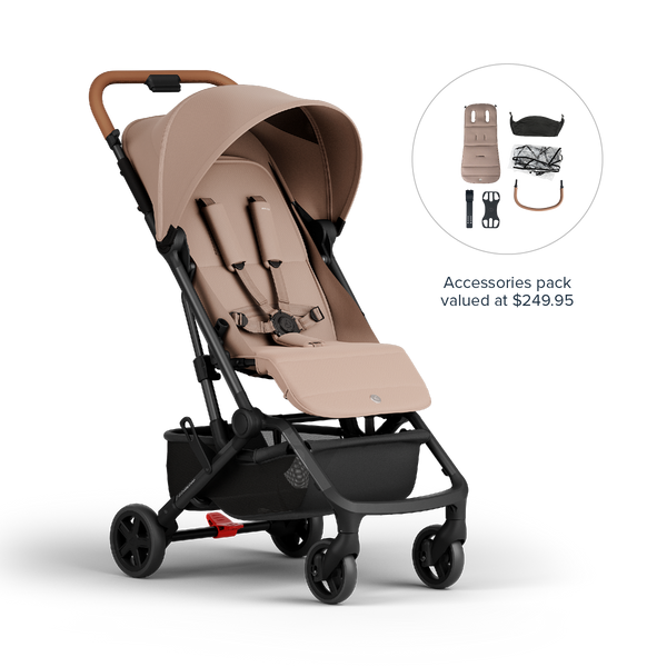 Miles2 Ultra Compact Travel Stroller - Mocha - Stroller with Accessories Pack