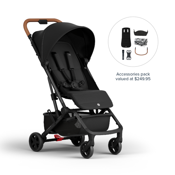Miles2 Ultra Compact Travel Stroller - Black Tan - Stroller with Accessories Pack